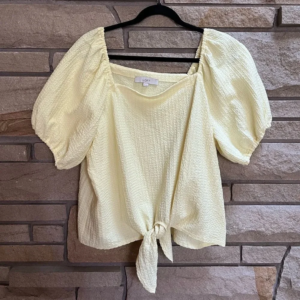 LOFT Women’s Square Neck Tie Front Soft Butter Yellow Blouse Puff Sleeve Top XL